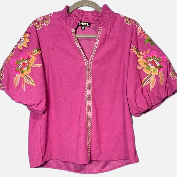 THML pink floral embroidered puff sleeve top size Small - Picture 1 of 3